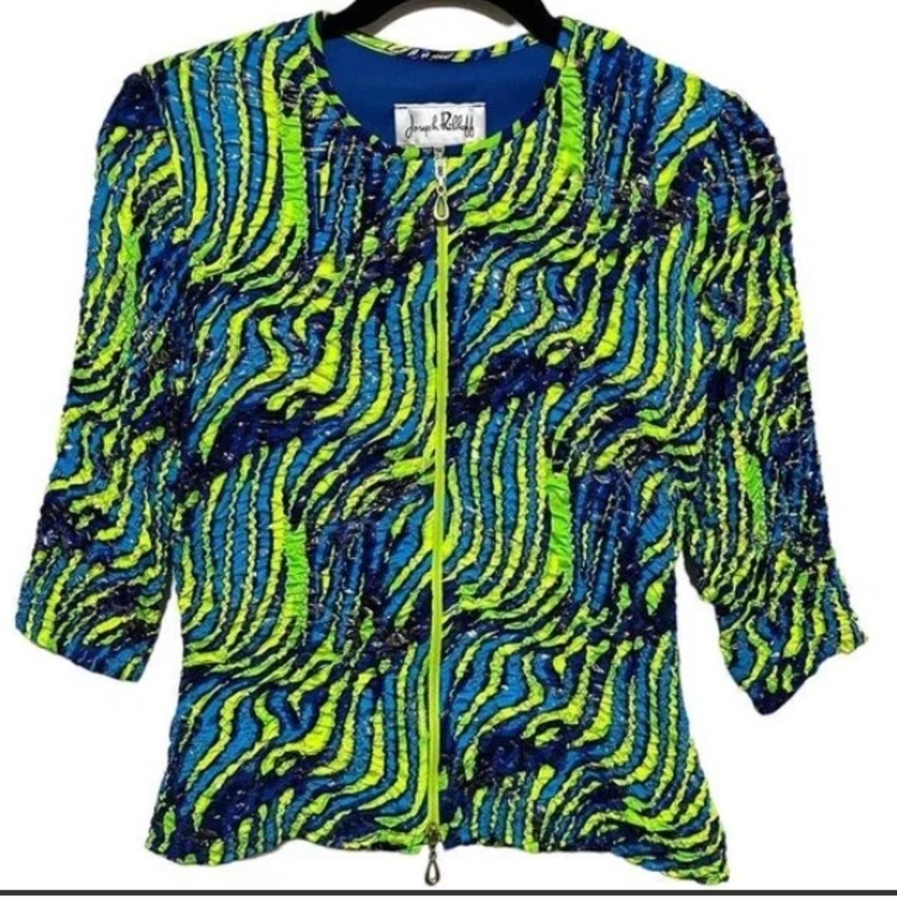 Joseph Ribkoff Green Blue Zigzag Design Dual Zipper Knit Jacket Size 6